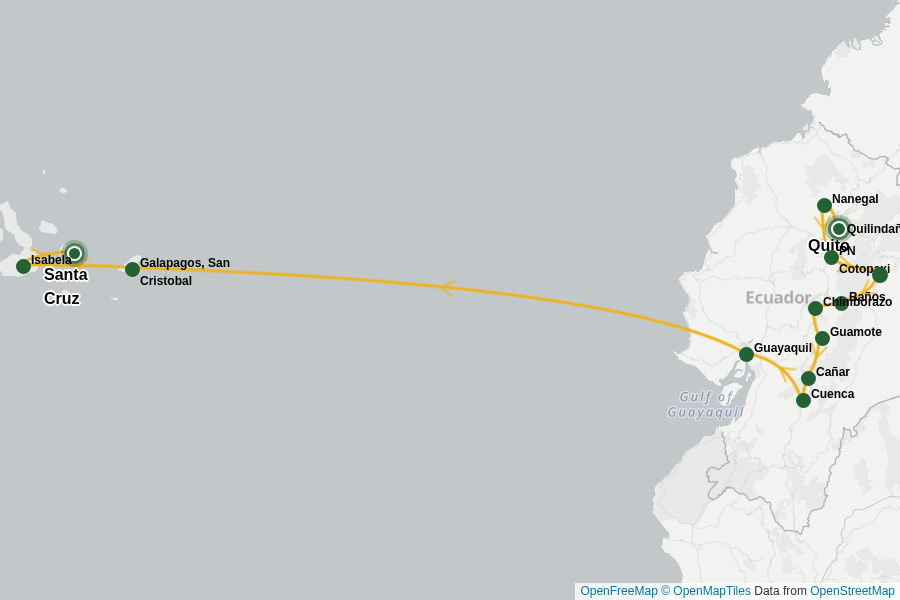 Itinerary Map image for Ecuador & Galapagos – Naturparadies aktiv erleben + undefined