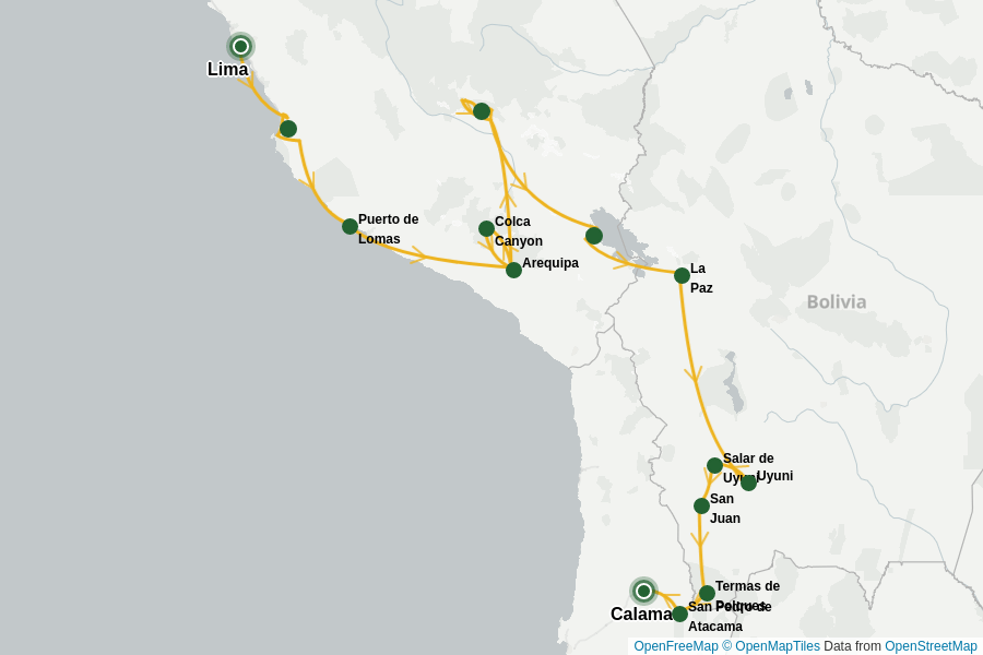 Itinerary Map image for Peru Bolivien Chile für Entdecker + undefined