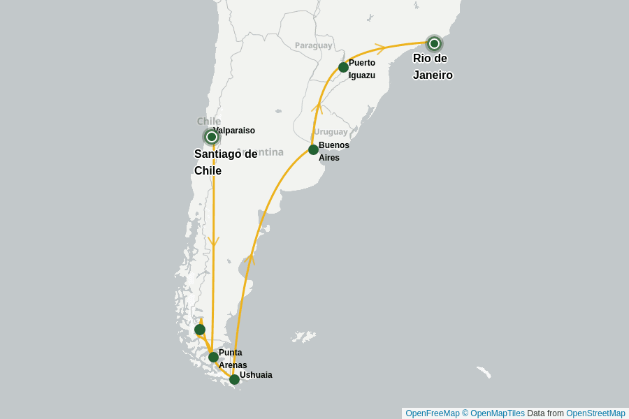 Itinerary Map image for Argentinien, Brasilien & Chile: Privatreise