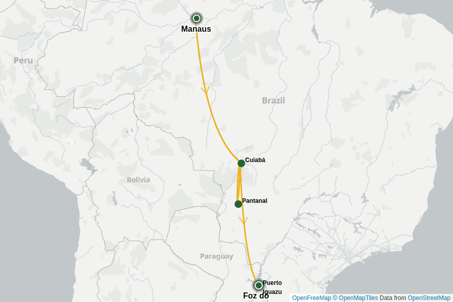 Itinerary Map image for Privatreise: Brasilien mit Pantanal & Amazonas
