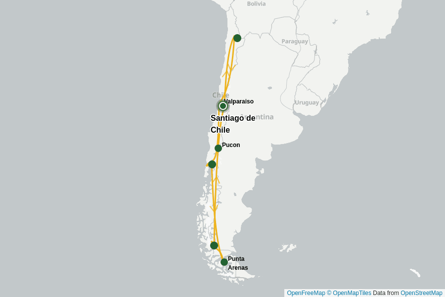 Itinerary Map image for Chile intensiv: Wüste, Vulkane & Gletscher